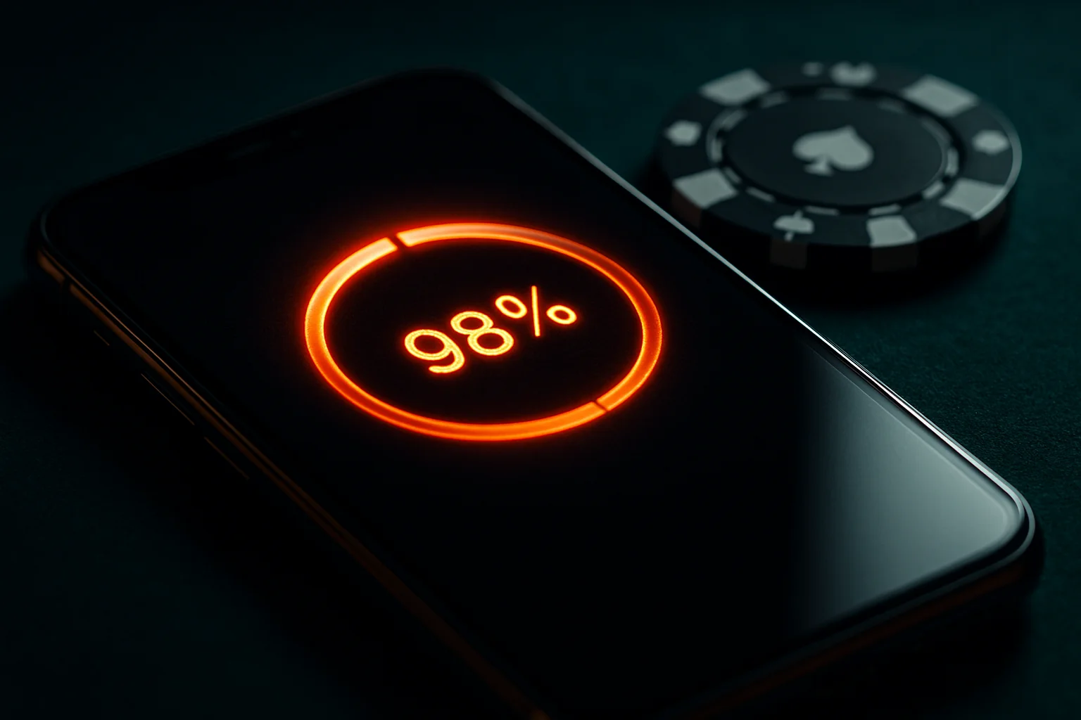 Macro photo of smartphone showing casino app download progress at 98%