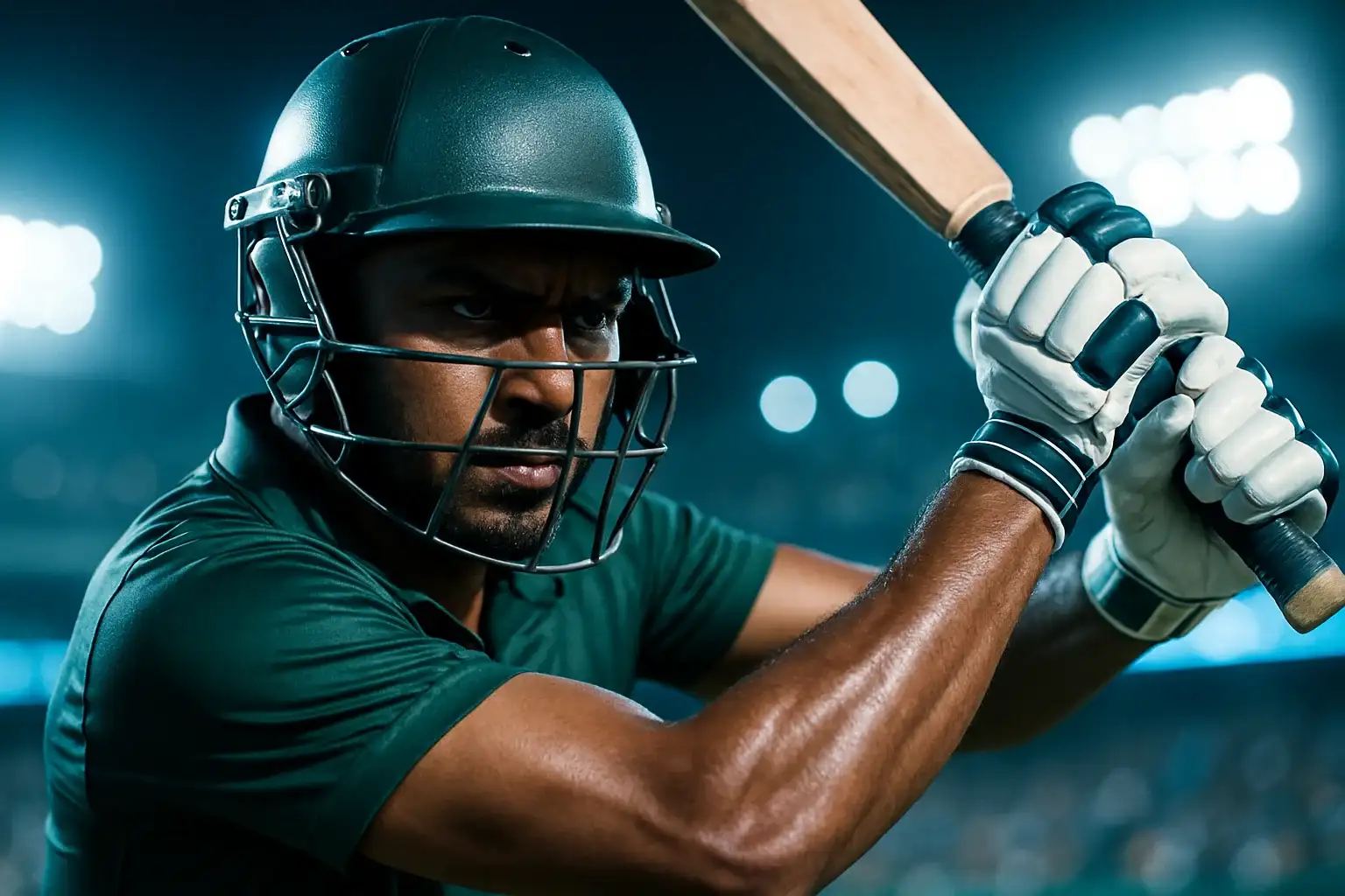 Ultra-realistic close-up of Bangladeshi cricket batsman in aggressive batting stance