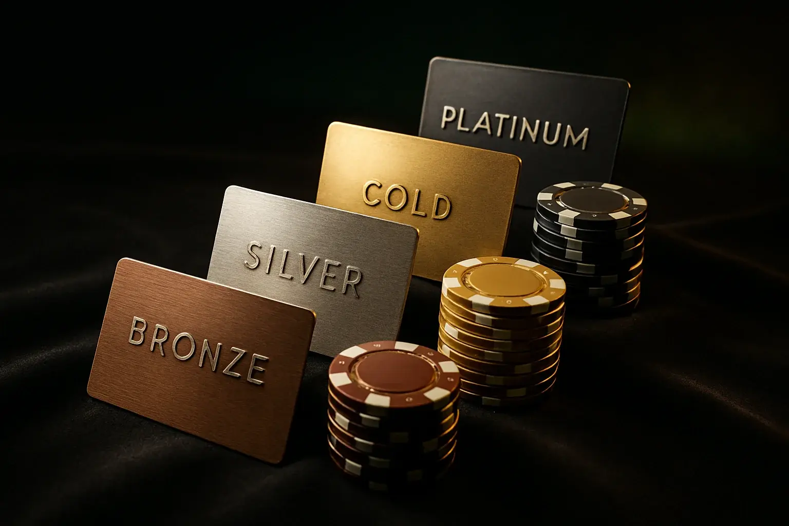 Tiered casino loyalty cards with premium chip stacks on dark velvet