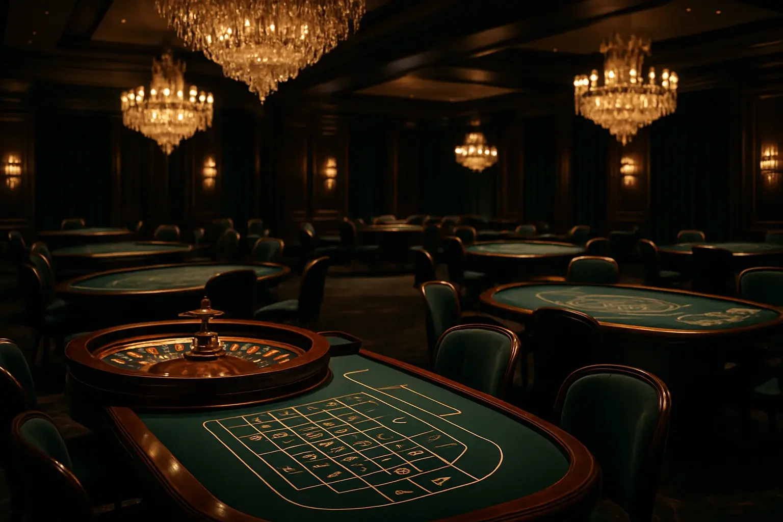 Ultra-realistic wide shot of luxury live casino studio with elegant gaming tables