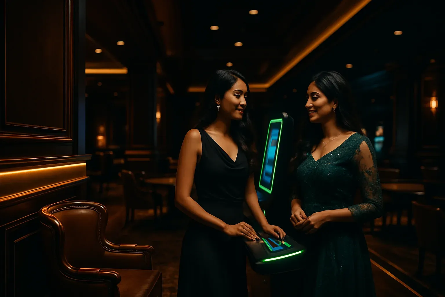 Ultra-realistic dark casino lobby in Dhaka with two elegant Bangladeshi women