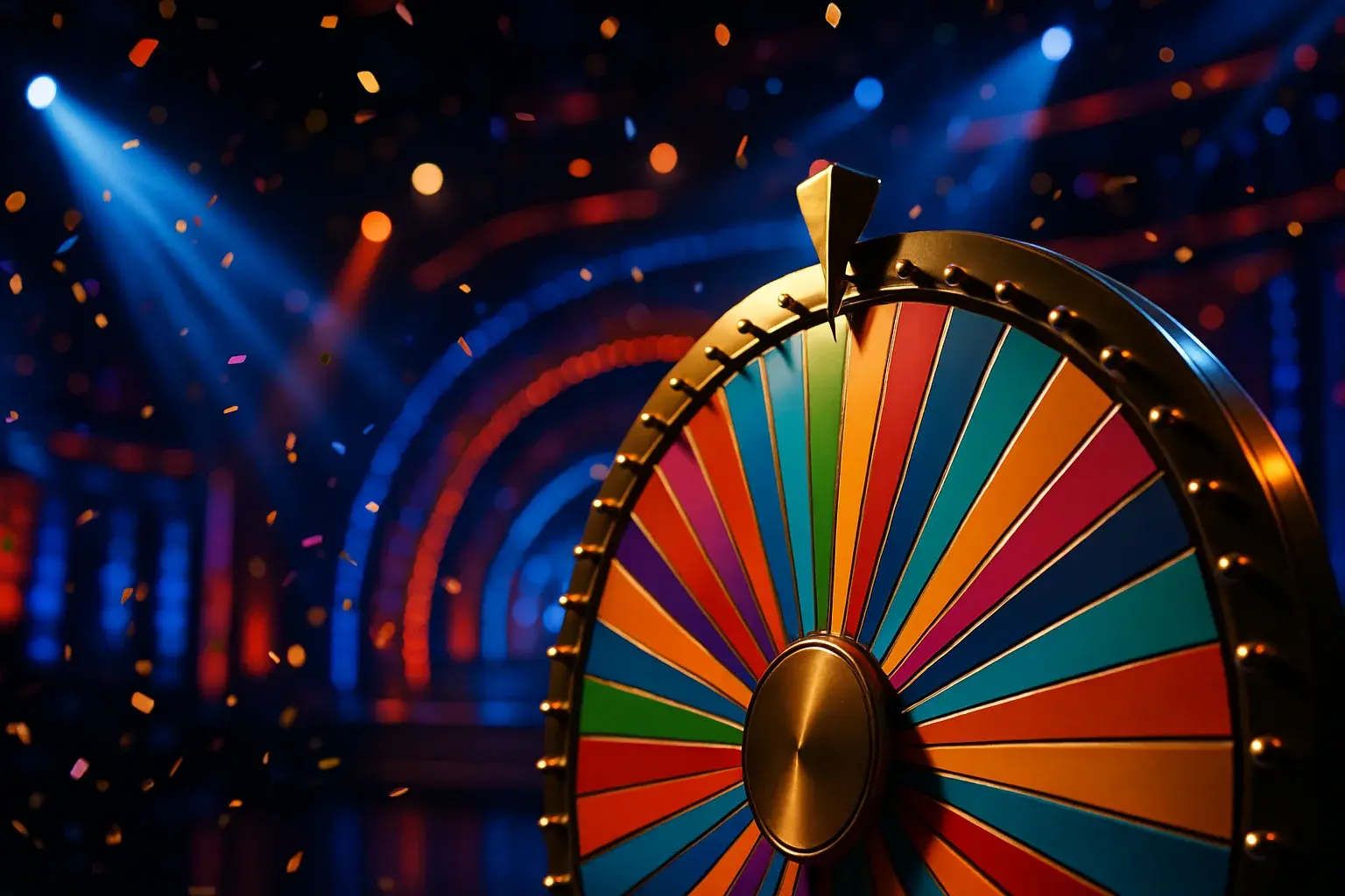 Ultra-realistic live game show studio with spinning money wheel and confetti
