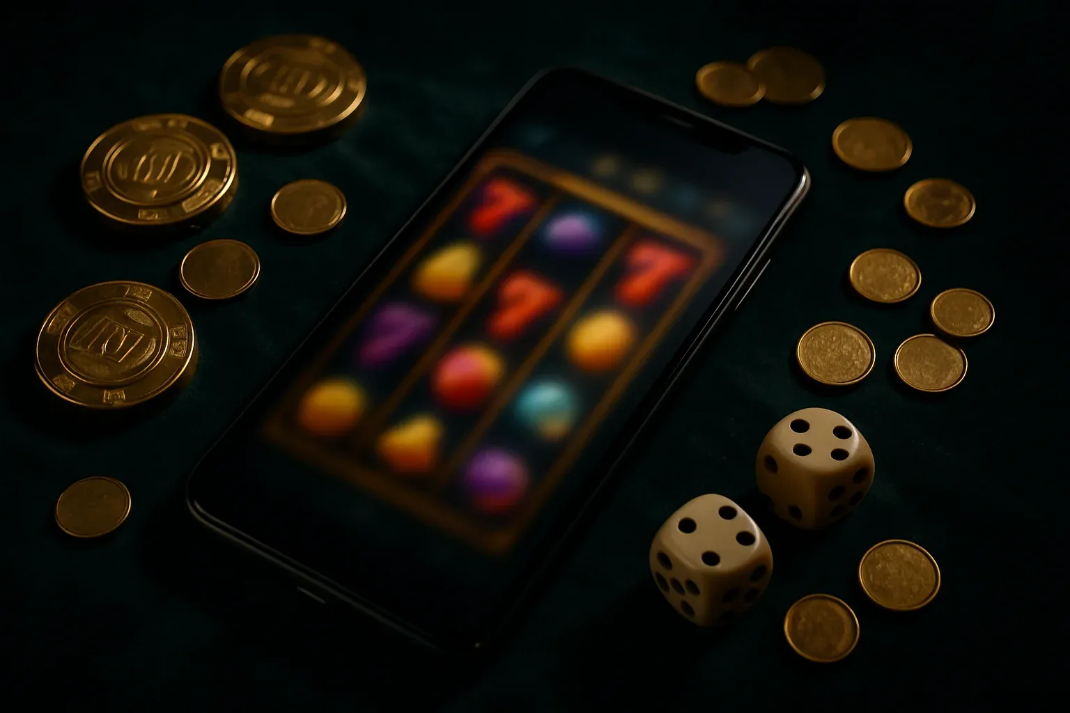 Smartphone showing blurred slot game, gold coins, chips, dice on velvet